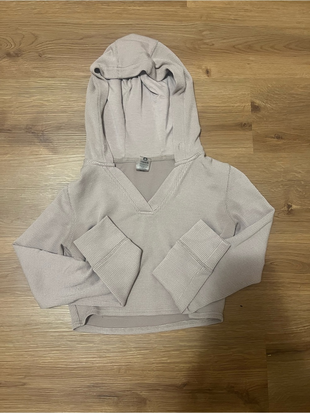 Mono B Light Cream Waffle-Knit V-Neck Hooded Sweater